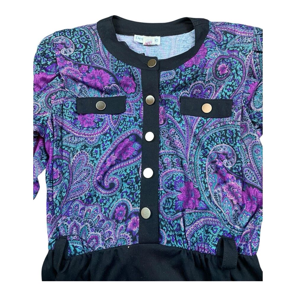 Vtg 90's Purple Paisley Floral Midi Dress Size 12 S/MED Retro Bold Buttons USA - Picture 3 of 11